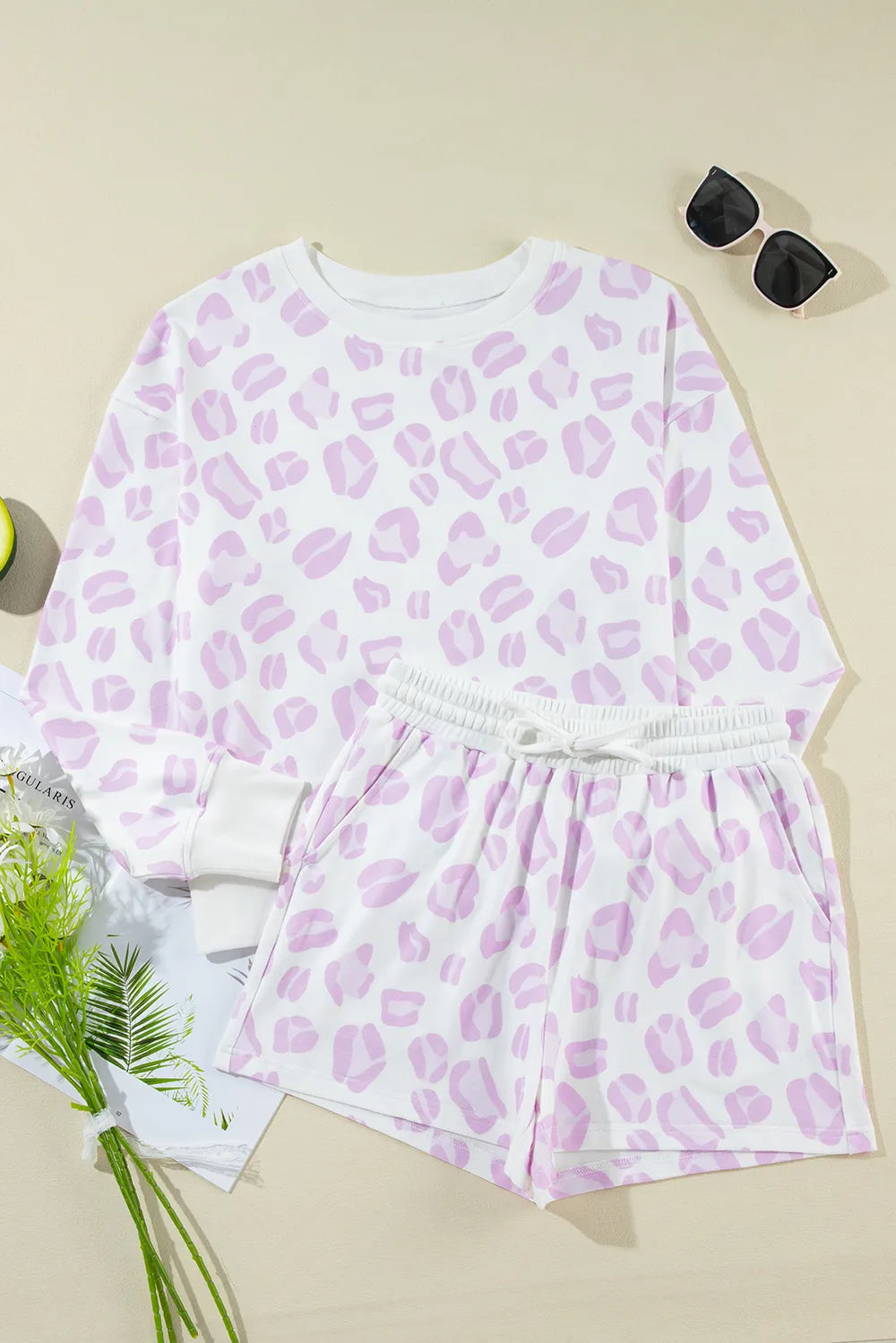Leopard Long Sleeve Top and Drawstring Shorts Lounge Set - Ladyez