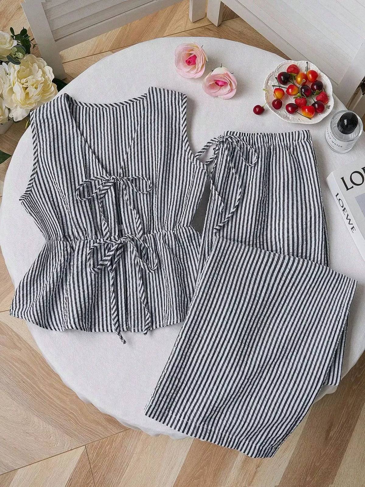 Striped Tie-Front Sleeveless Top and Pants Set