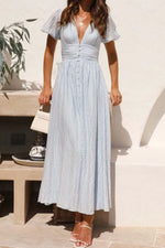 V-Neck Puff Short Sleeve Midi Dress