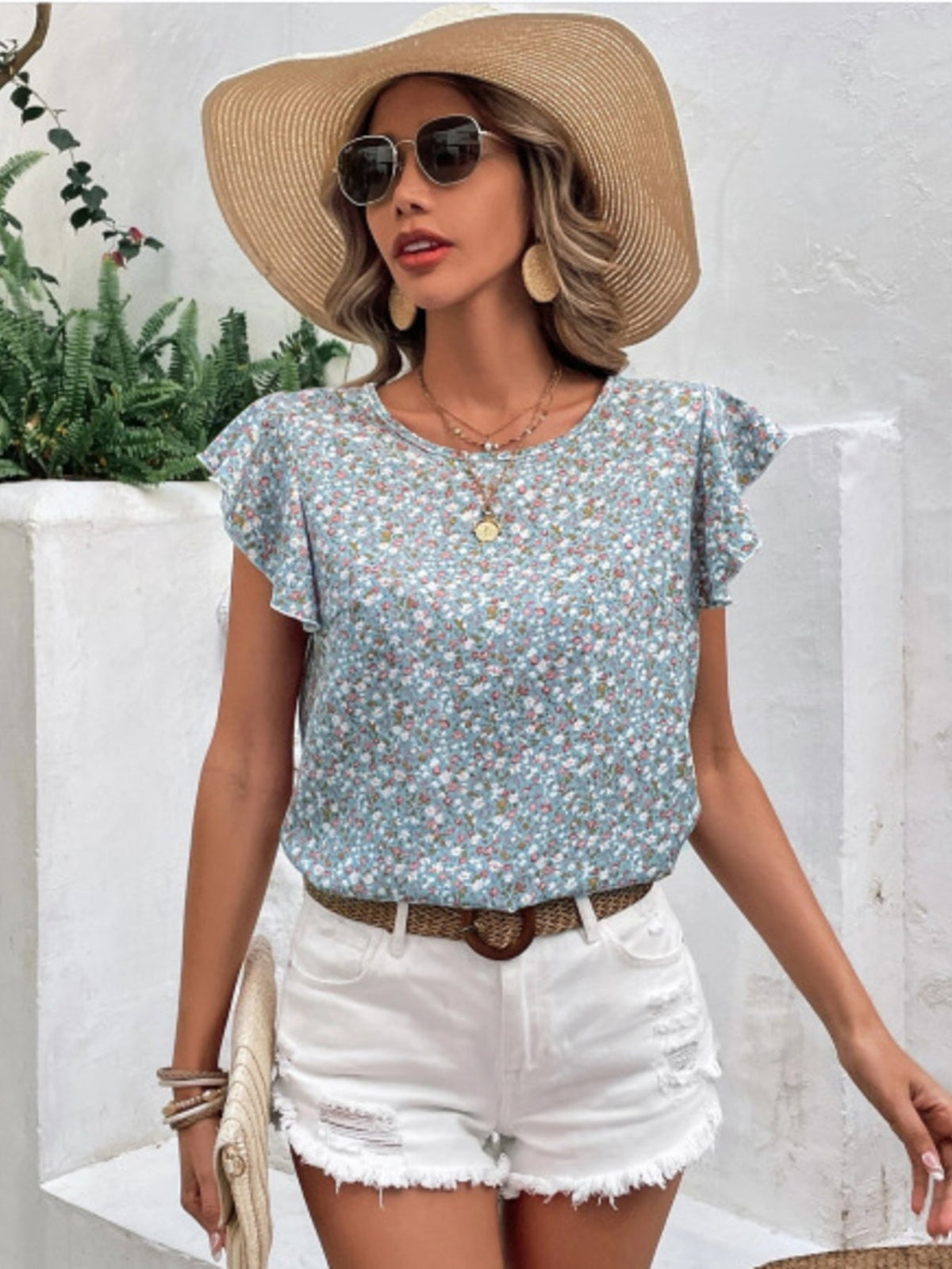 Floral Print Ruffle Sleeve Blouse