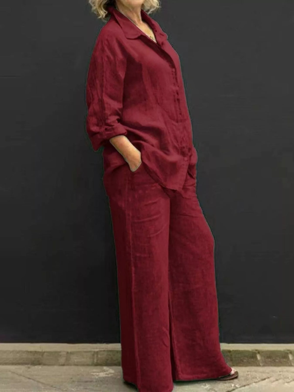 Full Size Long Sleeve Shirt and Pants Set Plus Size