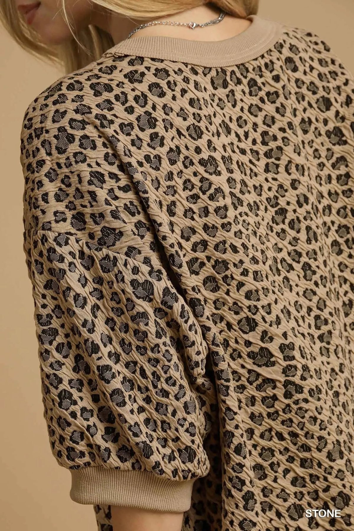 Umgee Leopard Knit Jacquard Puff Sleeve Sweatshirt