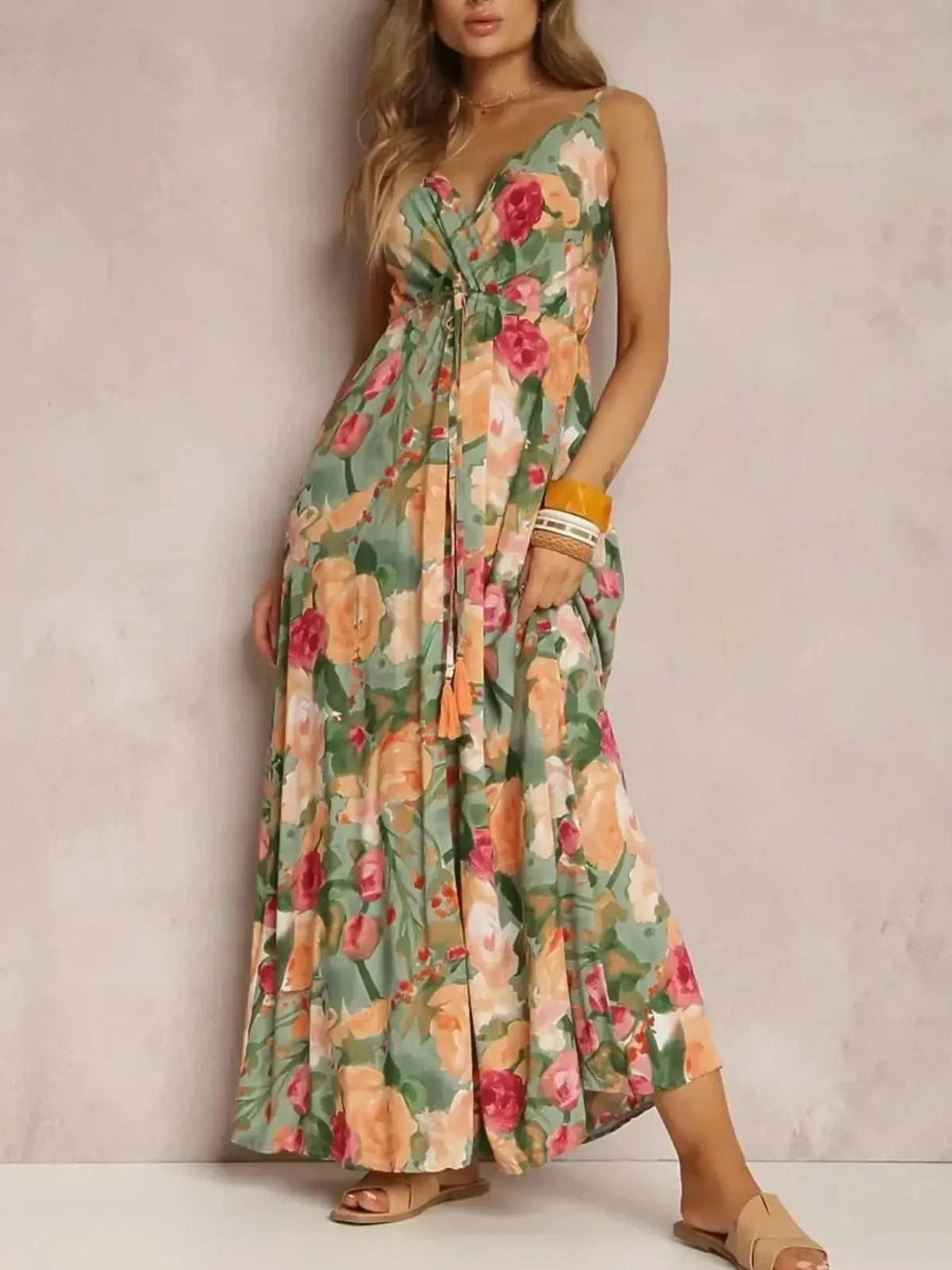 Floral Print Surplice Spaghetti Strap Maxi Dress - Ladyez