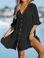 V-Neck Button Down Beach Cover Up Dress - Ladyez