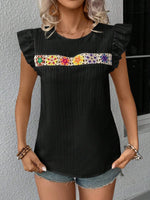 Ruffled Round Neck Cap Sleeve Blouse