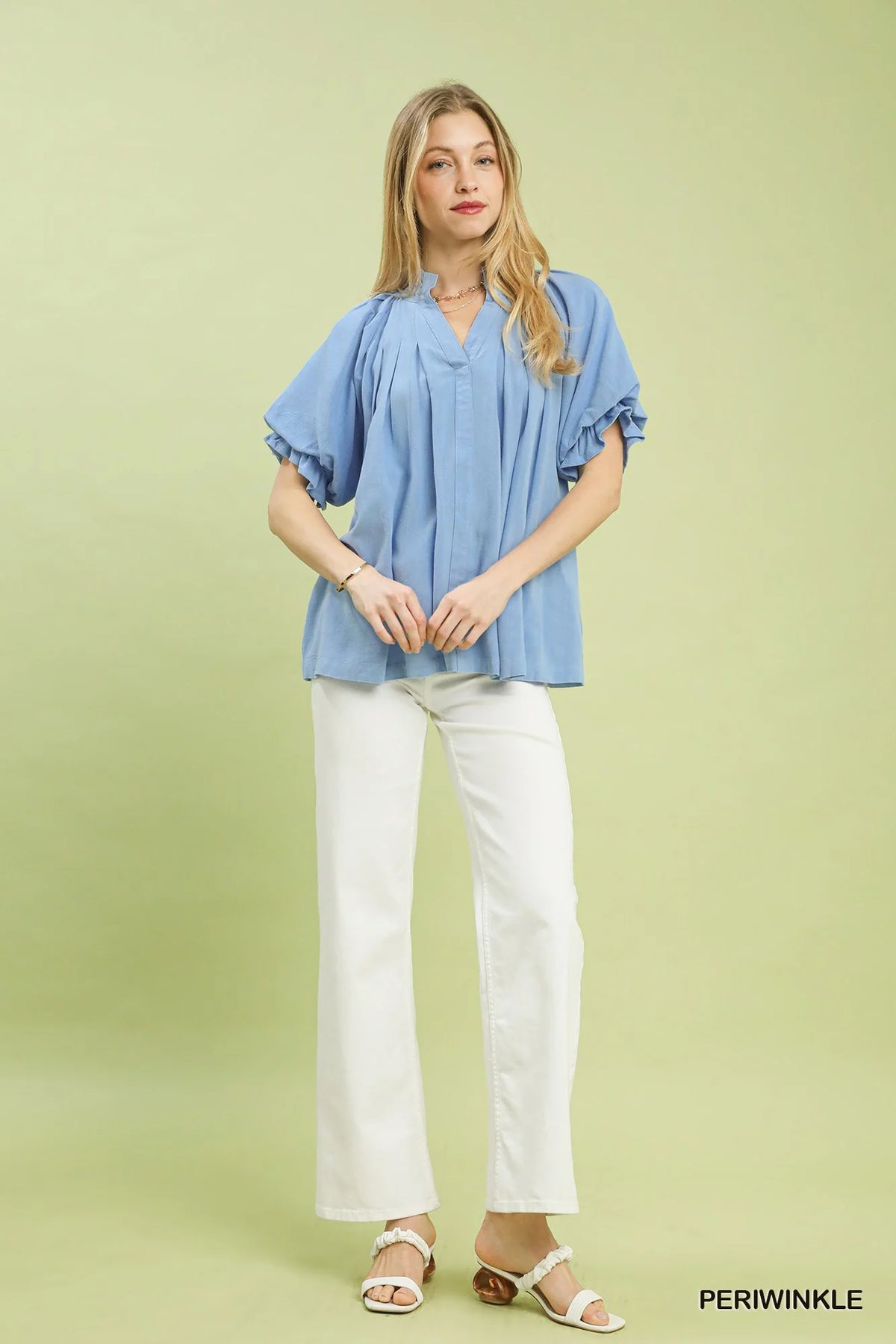 Umgee Linen V-Neck Flutter Sleeve Top