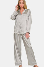 Zenana Satin Long Sleeve Shirt and Pants Pajama Set - Ladyez