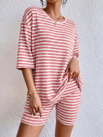 Striped Round Neck Top and Shorts Set