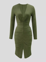 Ruched Deep V-Neck Bodycon Midi Dress