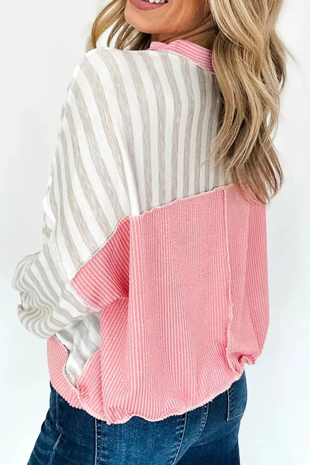 Twisted Rib Trim Striped Round Neck Loose Pullover Sweatshirt