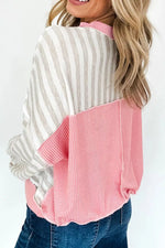 Twisted Rib Trim Striped Round Neck Loose Pullover Sweatshirt
