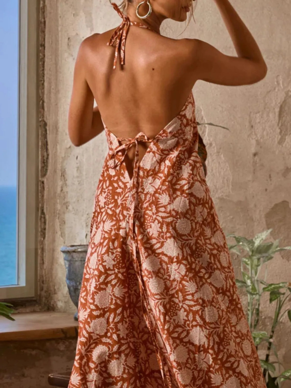 Printed Halter Neck Maxi Cami Dress - Ladyez