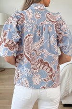 Floral Print Scalloped Trim Button Down Short Sleeve Shirt