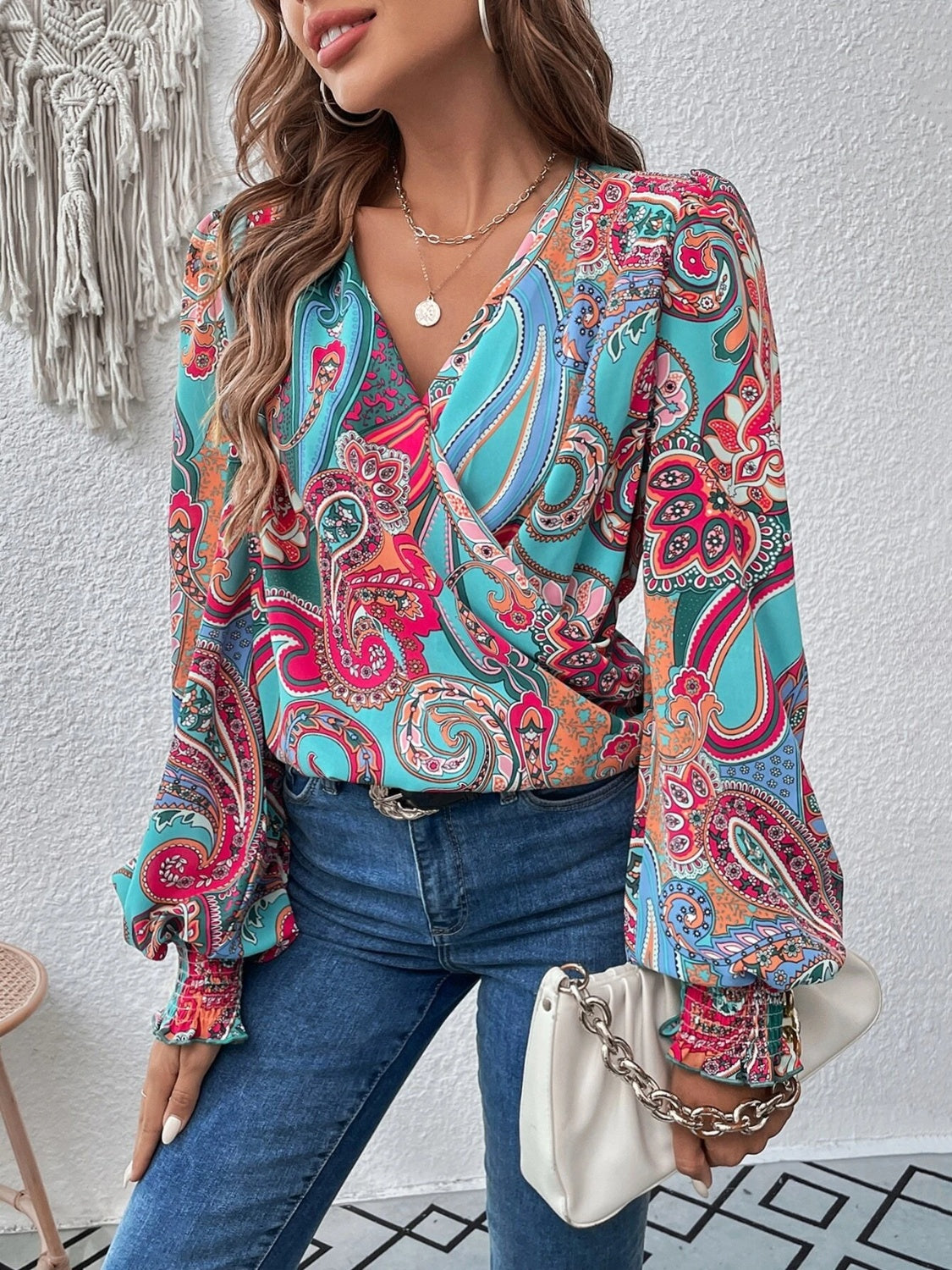 Printed Surplice Smocked Lantern Sleeve Blouse - Ladyez