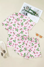 Striped Strawberry Print Lapel Shirt Drawstring Shorts 2pcs Pajama Set