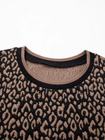Leopard Print Puffy Bracelet Sleeve Contrast Trim Round Neck Top