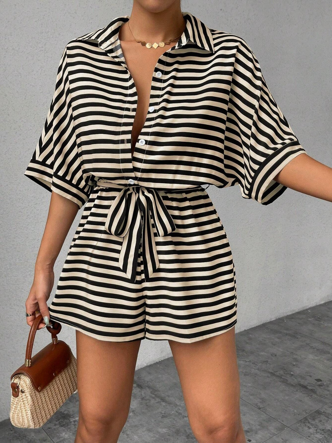Tie Waist Half Button Striped Romper - Ladyez