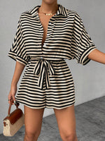 Tie Waist Half Button Striped Romper - Ladyez