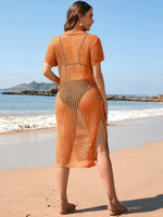 Slit Openwork Johnny Collar Short Sleeve Cover-Up - Ladyez