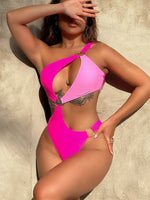 One-Shoulder Cutout Ring Detail One-Piece Swimsuit - Ladyez