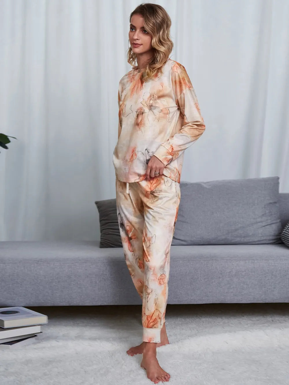 Shiny Tie-Dye Round Neck Top and Pants Lounge Set - Ladyez