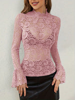 Mock Neck Long Sleeve Lace Top - Ladyez