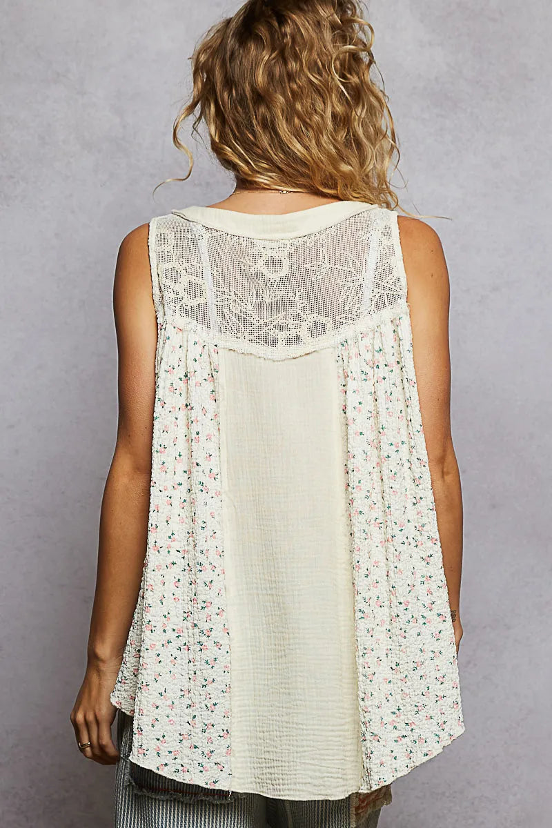 POL Floral Print Button-Front Lace Patchwork Tank Top - Ladyez