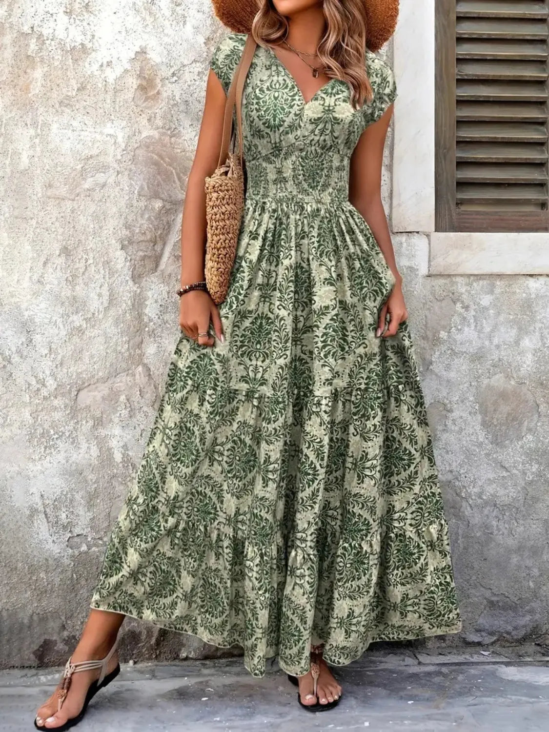 Vintage Floral Cap Sleeve Maxi Dress - Ladyez