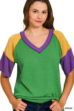 Zenana Mardi Gras Raised Rib Color Block Top