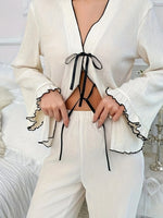 Contrast Trim Bow Tie Shirt and Pants Lounge Set - Ladyez