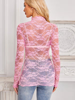 Mock Neck Long Sleeve Lace Sheer Top - Ladyez