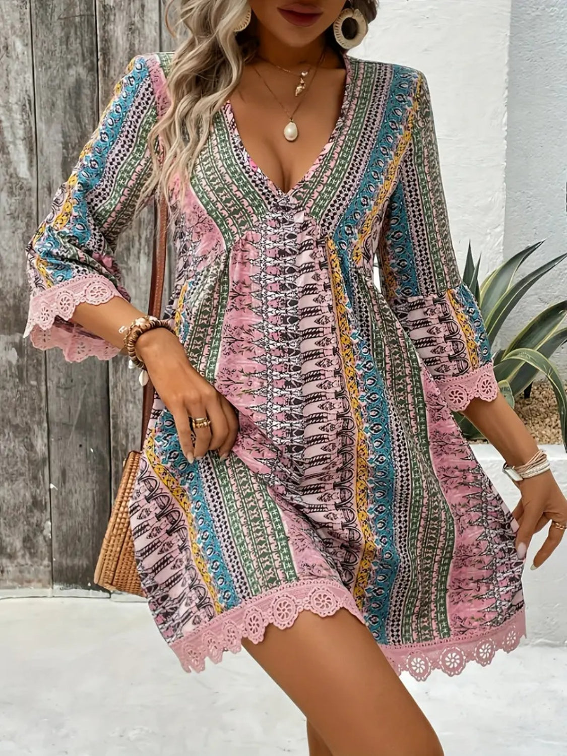 Lace Trim Printed V-Neck 3/4 Sleeve Dress - Ladyez