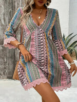 Lace Trim Printed V-Neck 3/4 Sleeve Dress - Ladyez