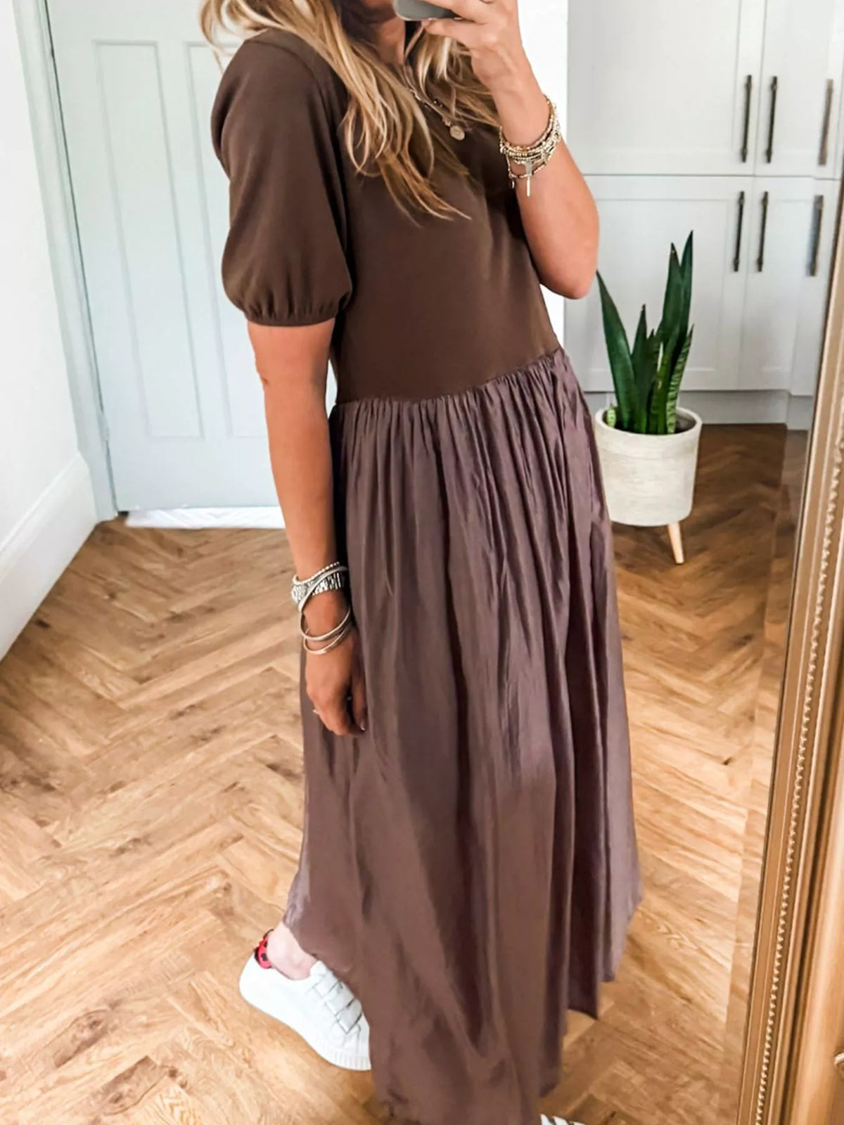 Short Sleeve Knit Top Patchwork Pleated Dress