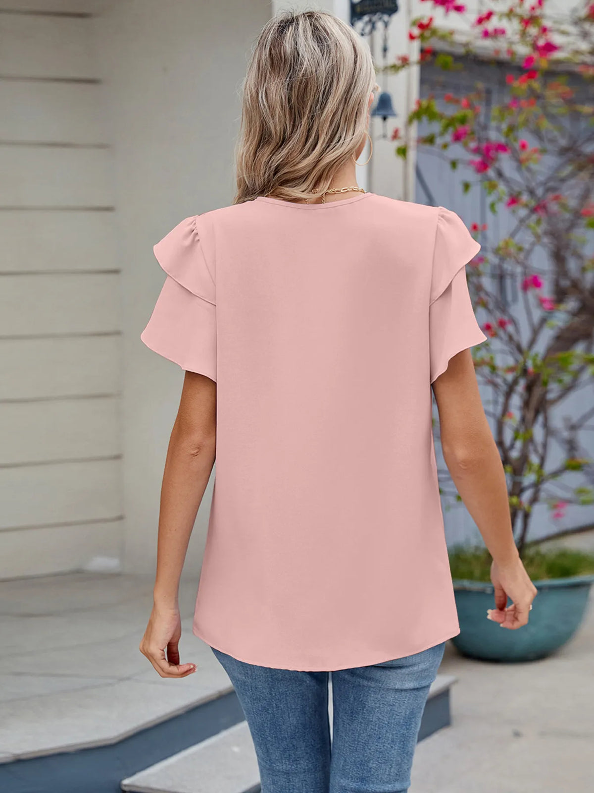 Round Neck Ruffled Layered Sleeve Blouse - Ladyez