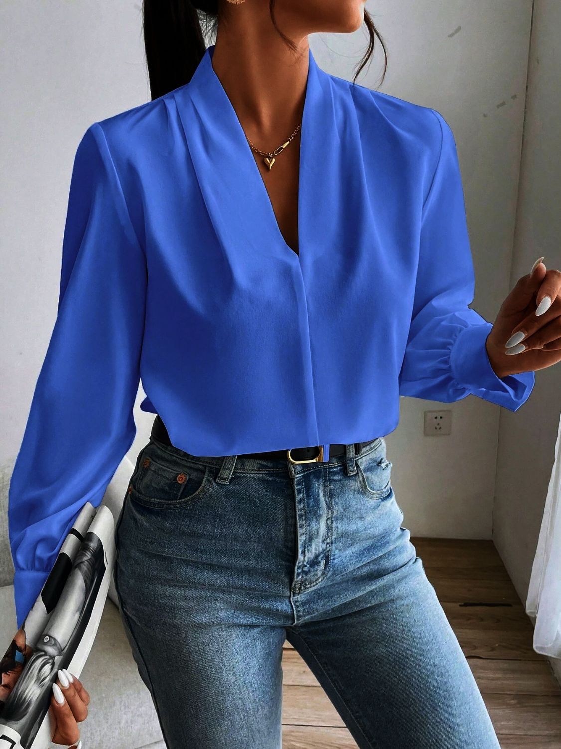 V Neck Long Sleeve Top - Ladyez