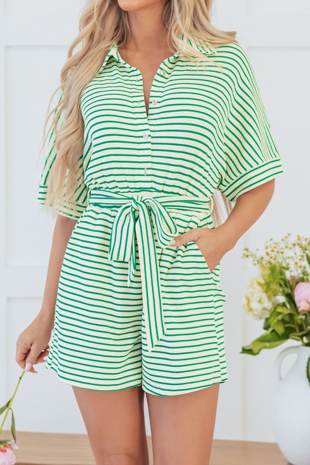 Striped Half Sleeve Tie Waist Romper - Ladyez