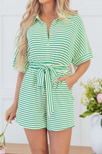 Striped Half Sleeve Tie Waist Romper - Ladyez