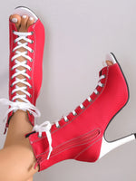 Canvas Lace-Up Peep Toe Stiletto Ankle Boots - Ladyez