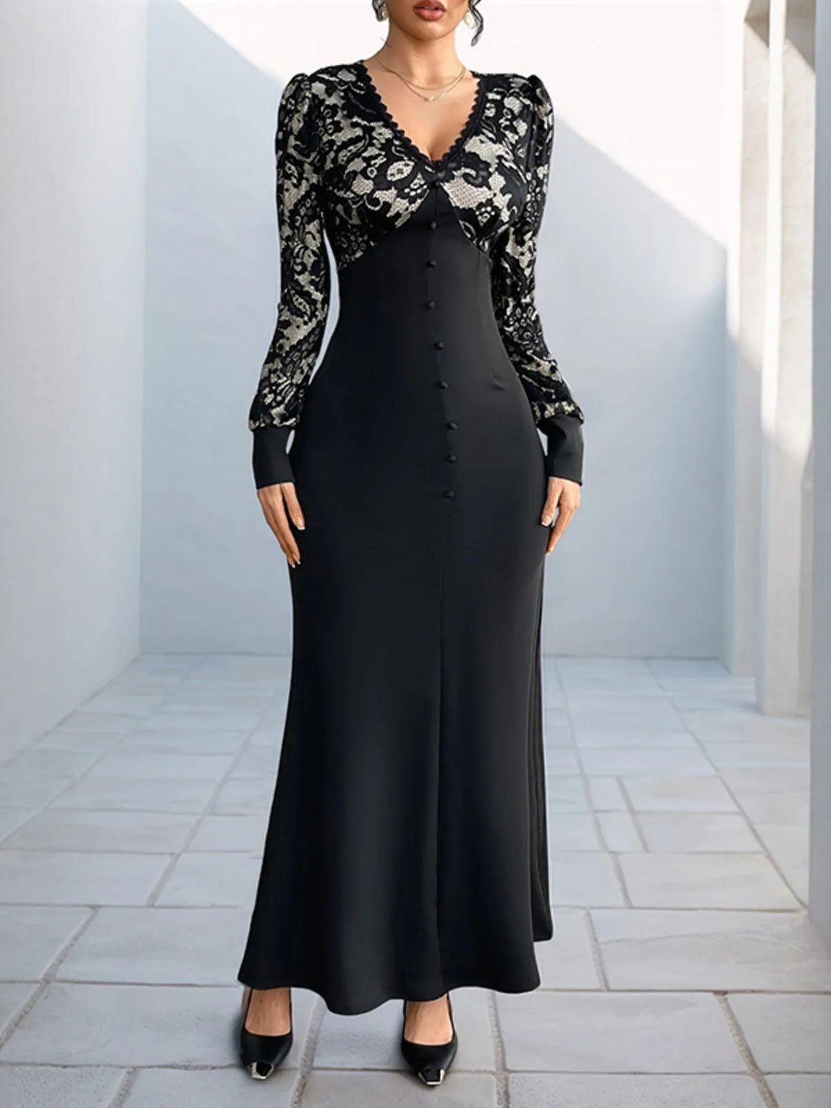 Lace V-Neck Long Sleeve Maxi Dress - Ladyez