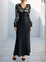 Lace V-Neck Long Sleeve Maxi Dress - Ladyez