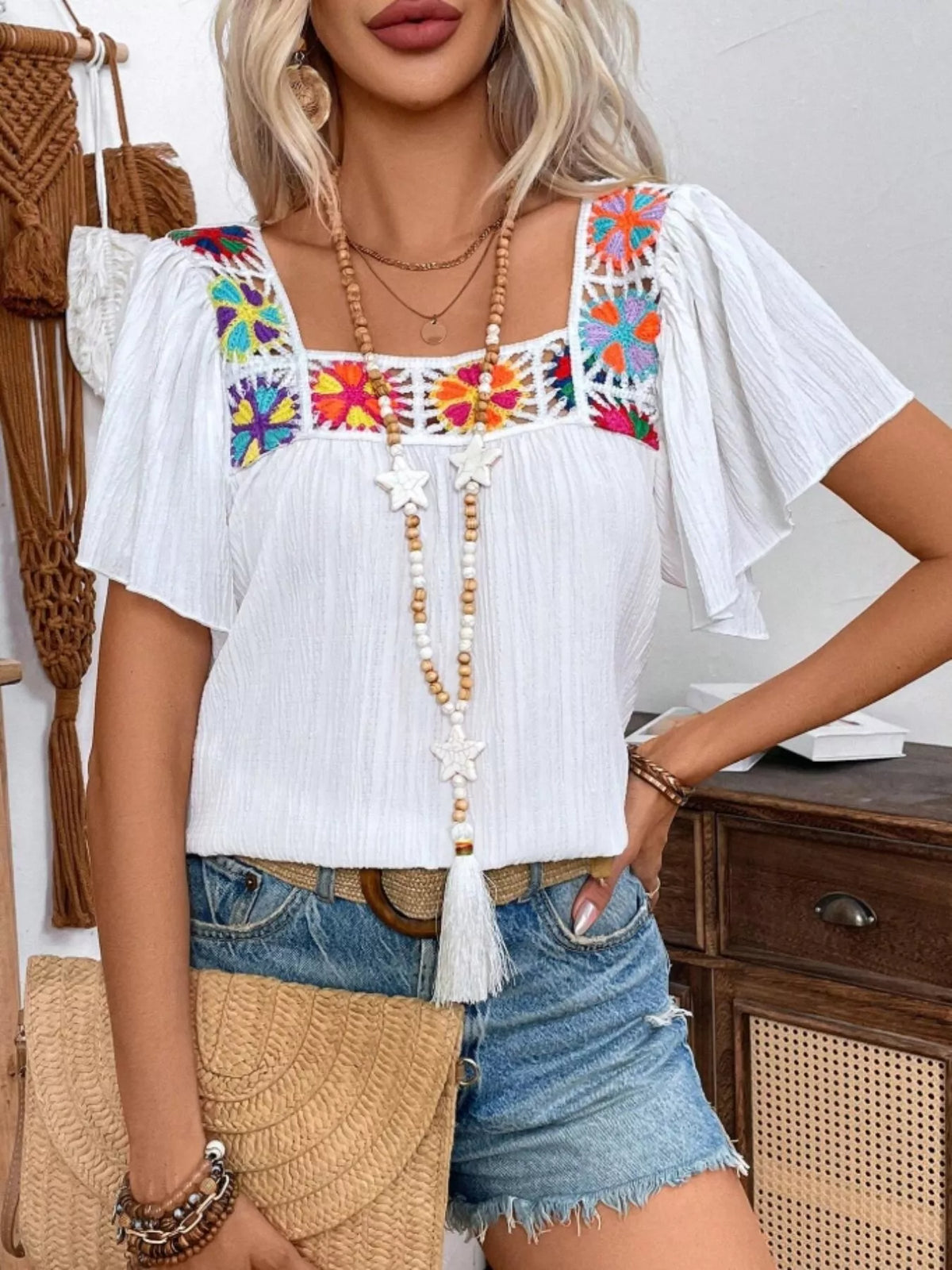 Embroidered Square Neck Flutter Sleeve Blouse