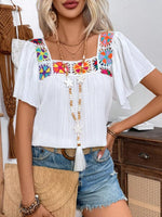 Embroidered Square Neck Flutter Sleeve Blouse
