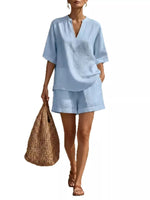 Full Size Notched Half Sleeve Top and Shorts Set Plus Size