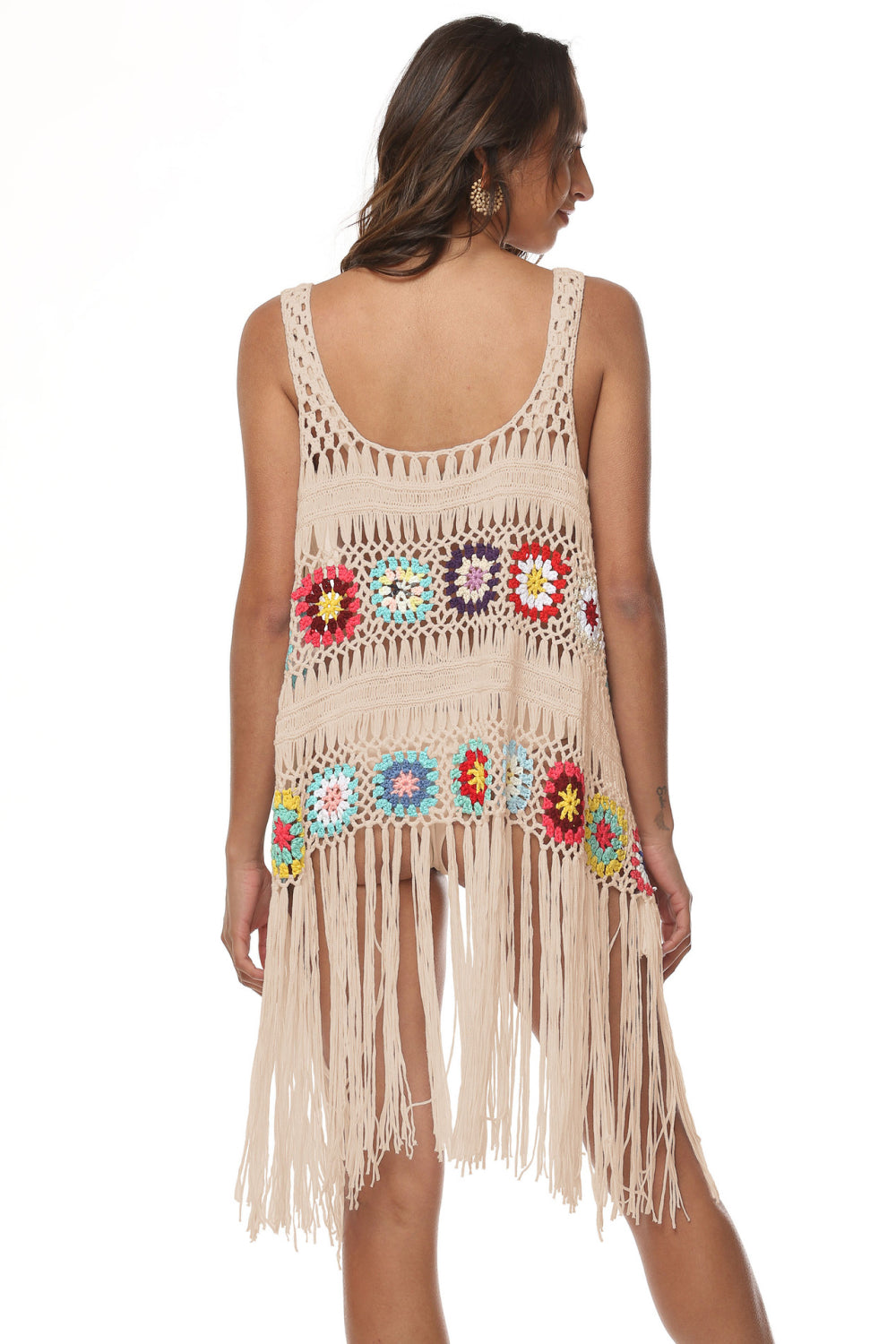 Openwork Fringe Detail Embroidery Sleeveless Cover-Up - Ladyez