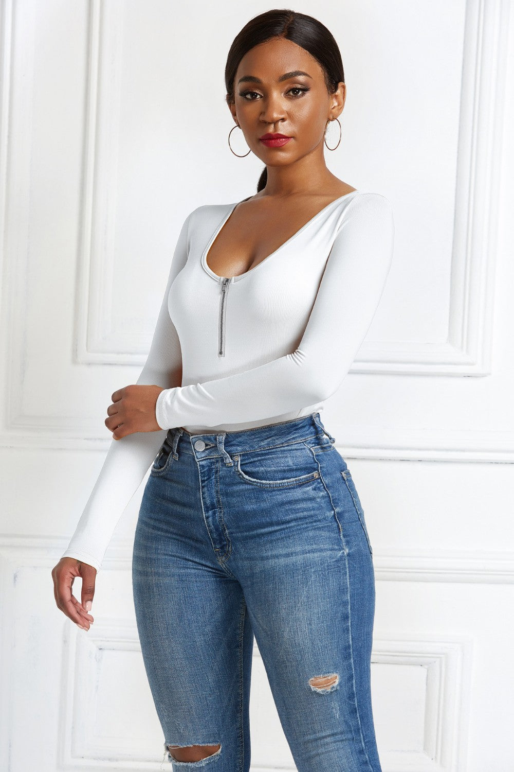 Half Zip Scoop Neck Long Sleeve Bodysuit - Ladyez
