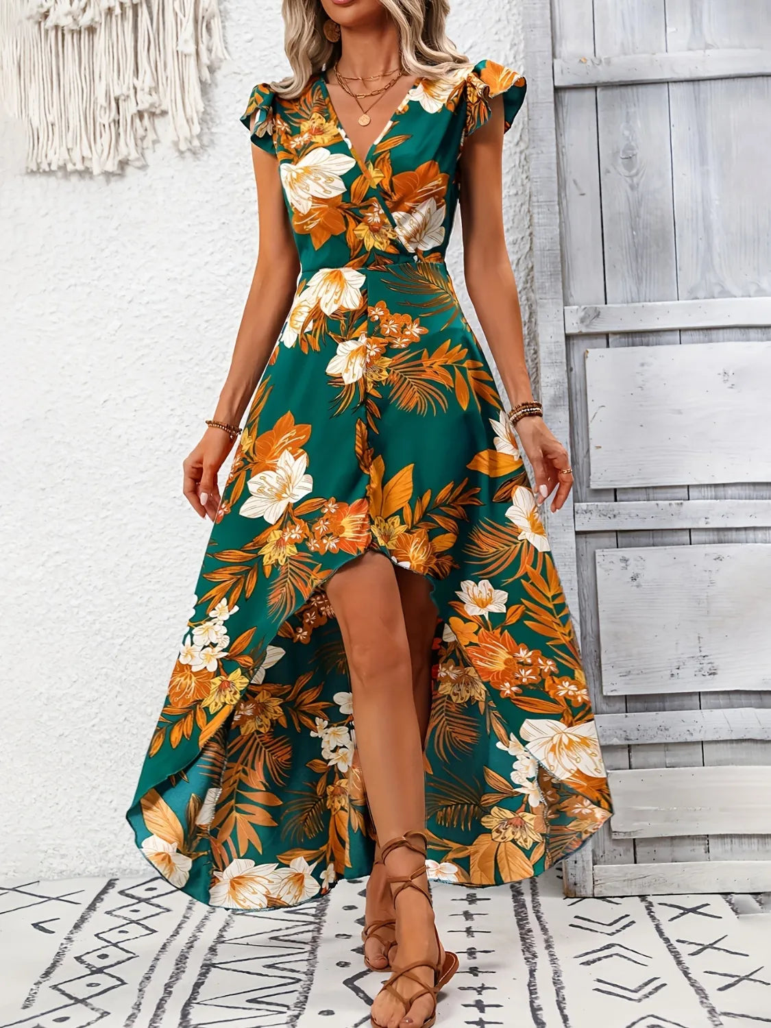High-Low Printed Cap Sleeve Maxi Dress - Ladyez