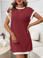 Contrast Trim Ribbed Knit Mini Dress with Pocket