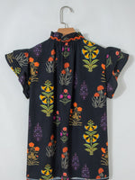 Floral Print Lace Trim Frilled V Neck Short Sleeve Shirt