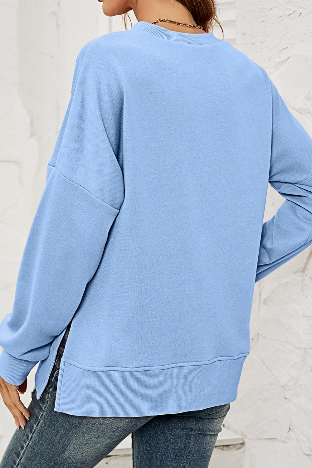 Round NeckDropped Shoulder Slit Sweatshirt